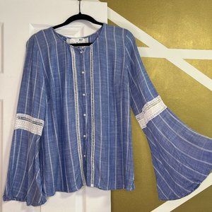 Kut from the Kloth Blouse Women Medium Blue Crochet Lace Trumpet Sleeve Boho Top